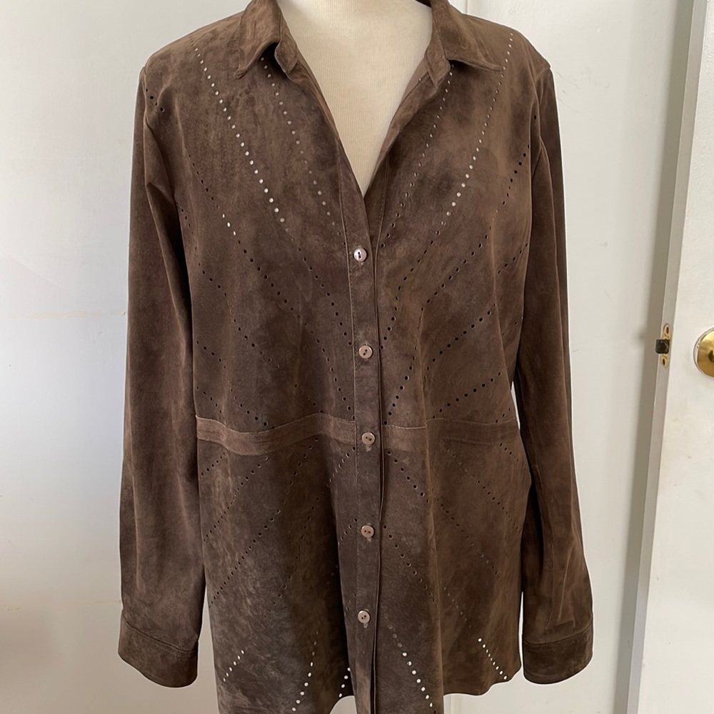 ECRU suede shirt jacket Chocolate Brown with Cut out details Gorgeous Unique XL